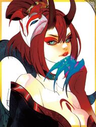 Rule 34 | 1girl, blood moon evelynn, blue eyes, border, breasts, cleavage, collarbone, demon horns, evelynn (league of legends), eyeshadow, hair between eyes, highres, horns, jian tai (cuoyu0), league of legends, looking at viewer, makeup, mask, medium breasts, official alternate costume, official alternate hairstyle, orange border, parted lips, red eyeshadow, red hair, red lips, simple background, solo, upper body, white background