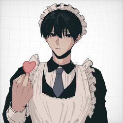 Rule 34 | 1boy, apron, black eyes, black hair, black shirt, blue necktie, closed mouth, collared shirt, crossdressing, expressionless, frills, grid background, hand up, heart, highres, long sleeves, looking at viewer, maid, maid apron, maid headdress, male focus, male maid, middle finger, necktie, original, shirt, short hair, si lkskin, solo, upper body, white background