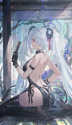 Rule 34 | 1girl, ass, bikini, black bikini, black choker, black gloves, black thighhighs, blue archive, branch, choker, commentary, demon tail, echj, fang, floor, flower, from side, gloves, grey hair, hair between eyes, hair ornament, hair over one eye, halo, hand fan, highres, holding, holding fan, indoors, iori (blue archive), iori (swimsuit) (blue archive), long hair, looking at viewer, open mouth, pink eyes, pointy ears, rain, seiza, sitting, soles, solo, sweatdrop, swimsuit, symbol-only commentary, tail, thigh strap, thighhighs, toes, tree, twintails, window