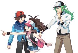 Rule 34 | 1girl, 2boys, :d, bag, belt buckle, black headwear, black vest, black wristband, blue jacket, brown eyes, brown hair, brown pants, buckle, closed eyes, collared shirt, commentary request, creatures (company), game freak, hair between eyes, handbag, hat, high ponytail, hilbert (pokemon), hilda (pokemon), holding another&#039;s wrist, jacket, jewelry, long sleeves, multiple boys, n (pokemon), necklace, nintendo, open clothes, open mouth, open vest, pants, pink bag, pointing, pokemon, pokemon bw, red headwear, shirt, shorts, shoulder bag, sidelocks, simple background, smile, undershirt, vest, white background, white headwear, white shirt, y (036 yng)