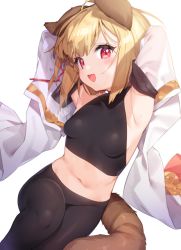 Rule 34 | 1girl, animal ears, armpits, arms behind head, arms up, bare shoulders, black leggings, blonde hair, blush, braid, breasts, commentary request, crop top, detached sleeves, diagonal stripes, dog ears, dog girl, dog tail, erune, fang, granblue fantasy, japanese clothes, leggings, looking at viewer, midriff, navel, open mouth, pantyhose, red eyes, shirt, short hair, sitting, skin fang, sleeveless, small breasts, smile, solo, striped, striped background, sweat, sweatdrop, tail, tousaki shiina, vajra (granblue fantasy), wide sleeves