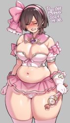 Rule 34 | 1girl, agawa ryou, areola slip, artist name, belly, blush, breasts, brown hair, cameltoe, cleavage, cleft of venus, commentary, crying, dated, embarrassed, english commentary, gloves, grey background, hair ribbon, large breasts, lipstick, magical girl, makeup, navel, original, panties, plump, ribbon, short hair, simple background, solo, tears, thick thighs, thighs, underwear