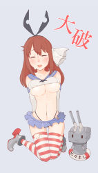 Rule 34 | 1girl, alternate costume, bad illness, black panties, blush, breasts, brown hair, cleavage, closed eyes, cosplay, crossover, grey background, groin, hair ornament, hair ribbon, highres, kantai collection, medium breasts, navel, open mouth, panties, rensouhou-chan, ribbon, sakura trick, shimakaze (kancolle), shimakaze (kancolle) (cosplay), simple background, skirt, smile, solo, striped clothes, striped thighhighs, takayama haruka, thighhighs, thong, underboob, underwear