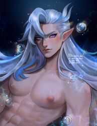 Rule 34 | 1boy, abs, absurdres, air bubble, blue hair, blush, bubble, closed mouth, dark background, floating hair, genshin impact, hair between eyes, highres, hikary bw, long hair, looking up, male focus, multicolored hair, muscular, muscular male, navel, neuvillette (genshin impact), nipples, parted bangs, pectorals, pointy ears, purple eyes, sidelocks, simple background, solo, streaked hair, swimming, topless male, underwater, very long hair, watermark, white hair