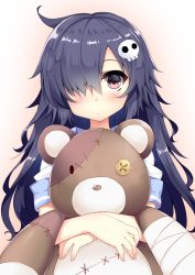 Rule 34 | 1girl, bandages, blush, hugging doll, hair ornament, hair over one eye, kusano (torisukerabasu), long hair, looking at viewer, hugging object, original, pink eyes, purple hair, skull hair ornament, solo, stitched, stitches, stuffed animal, stuffed toy, teddy bear, third-party edit, very long hair