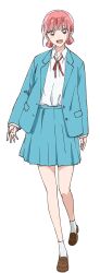 1girl ao_no_hako aqua_jacket aqua_skirt blazer blush brown_footwear chono_hina collared_shirt dot_nose double_bun full_body hair_bun happy highres jacket loafers looking_at_viewer loose_neck_ribbon lower_teeth_only miniskirt neck_ribbon official_art open_clothes open_collar open_jacket open_mouth pink_hair pleated_skirt red_eyes red_ribbon ribbon school_uniform shirt shirt_tucked_in shoes short_hair sidelocks skirt smile socks solo standing standing_on_one_leg tachi-e teeth transparent_background very_low_bun white_shirt white_socks