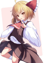Rule 34 | 1girl, absurdres, ahoge, ascot, black skirt, black vest, blonde hair, commentary request, hair ribbon, highres, index finger raised, long sleeves, looking at viewer, pink background, red ascot, red eyes, red ribbon, ribbon, rumia, saniraku, shirt, skirt, socks, solo, touhou, vest, white shirt, white socks