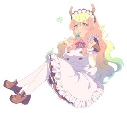 Rule 34 | 1girl, absurdres, anyadesu yo, apron, black dress, blonde hair, bow, bowtie, breasts, brown footwear, candy, closed mouth, commentary request, dragon girl, dragon horns, dress, food, frilled apron, frills, full body, gradient hair, green eyes, green hair, heart, heterochromia, highres, holding, holding candy, holding food, holding lollipop, horns, huge breasts, knees up, kobayashi-san chi no maidragon, lollipop, long hair, lucoa (maidragon), maid apron, maid headdress, mismatched pupils, multicolored hair, pantyhose, puffy short sleeves, puffy sleeves, purple eyes, red bow, red bowtie, scrunchie, shoes, short sleeves, simple background, sitting, solo, tongue, tongue out, very long hair, white apron, white background, white pantyhose, wrist scrunchie