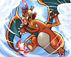 Rule 34 | attack, blank eyes, charizard, claws, clenched hands, cloud, cloudy sky, creatures (company), day, dragon, dragon wings, fighting, full body, game freak, gen 1 pokemon, grabbing, grabbing from behind, magmar, motion lines, nintendo, pokemon, pokemon (creature), seismic toss (pokemon), sky, tail, tesshii (riza4828), violence, wings, wrestling