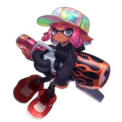 Rule 34 | 1girl, :3, baseball cap, black hoodie, black pants, blue eyes, closed mouth, commentary request, full body, gun, hat, holding, holding gun, holding weapon, hood, hoodie, ikki (gsl 9708), inkling, inkling girl, inkling player character, korean commentary, medium hair, multicolored clothes, multicolored hat, nintendo, pants, pink hair, pointy ears, range blaster (splatoon), red footwear, shoes, simple background, sitting, sleeves past fingers, sleeves past wrists, smile, solo, splatoon (series), splatoon 3, tentacle hair, thick eyebrows, torn clothes, torn pants, weapon, white background