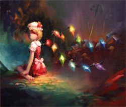 Rule 34 | 1girl, ankle grab, bad id, bad pixiv id, barefoot, blonde hair, bovod, female focus, flandre scarlet, gradient background, hat, hat ribbon, light particles, looking at viewer, no mouth, oil painting (medium), painting (medium), puffy short sleeves, puffy sleeves, ribbon, short hair, short sleeves, sitting, skirt, skirt set, solo, touhou, traditional media, wariza, wings