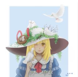 Rule 34 | animal, animal on head, artist name, bad id, bad pixiv id, berry, bird, bird on hand, bird on head, blonde hair, blue background, blue dress, blush, branch, chinese commentary, commentary request, dated, dove, dress, egg, hat, highres, juliet sleeves, kana anaberal, lips, long sleeves, looking at viewer, medium hair, nest, nest on head, on head, one eye closed, plant, puffy sleeves, red ribbon, ribbon, simple background, smile, solo, sun hat, touhou, touhou (pc-98), upper body, vines, yellow eyes, yingmu tiantian