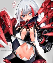 Rule 34 | 1girl, admiral graf spee (azur lane), areola slip, azur lane, black dress, blue eyes, blush, breasts, clothes pull, dress, dress pull, dress tug, embarrassed, flying sweatdrops, gradient background, highres, hm (hmongt), looking down, mechanical, multicolored hair, multiple straps, navel, necktie, o-ring, red hair, red scarf, scarf, short hair, silver hair, simple background, small breasts, solo, stomach, streaked hair, twitter username, worried