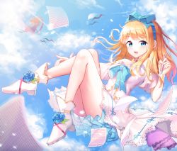 Rule 34 | 1girl, blue bow, blue flower, blue hairband, blue ribbon, blue rose, blush, boots, bow, commentary, dress, flower, hairband, highres, looking at viewer, original, pages, paper, ribbon, rose, shoonear, smile, solo, teeth, white dress, white footwear