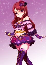 Rule 34 | 10s, 1girl, aikatsu!, aikatsu! (series), bare shoulders, blush, boots, bracelet, chain, cross-laced footwear, fingerless gloves, flower, gloves, hair flower, hair ornament, harigane shinshi, highres, jewelry, lace-up boots, long hair, looking at viewer, midriff, navel, purple eyes, purple footwear, purple gloves, purple thighhighs, red eyes, shibuki ran, skirt, smile, solo, thigh boots, thighhighs, zettai ryouiki