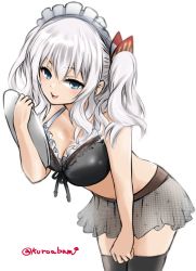 Rule 34 | 10s, 1girl, :d, alternate costume, arrow (symbol), bikini, bikini top only, black bikini, black ribbon, black thighhighs, blue panties, blush, breasts, cleavage, commentary request, cowboy shot, eyelashes, front-tie bikini top, front-tie top, holding, holding tray, kantai collection, kashima (kancolle), kuro abamu, leaning forward, long hair, looking at viewer, maid headdress, medium breasts, navel, open mouth, panties, ribbon, round teeth, see-through, simple background, sketch, smile, solo, standing, stomach, swimsuit, teeth, thighhighs, tray, tsurime, twitter username, two side up, underwear, wavy hair, white background