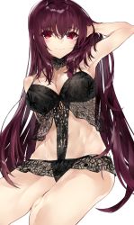 Rule 34 | 1girl, alternate costume, arm behind head, arm up, armpits, babydoll, black choker, breasts, choker, cleavage, closed mouth, commentary request, covered navel, fate/grand order, fate (series), hand in own hair, highres, kou mashiro, large breasts, lingerie, long hair, looking at viewer, navel, negligee, purple hair, red eyes, scathach (fate), scathach (fate/grand order), scathach (swimsuit assassin) (fate), see-through, simple background, sitting, smile, solo, thighs, underwear, very long hair, white background, yokozuwari