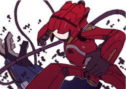 Rule 34 | 00s, armor, canti, cowboy shot, faceless, fighting stance, flcl, highres, katou haruaki, mecha, no humans, robot, rubble, simple background, spread legs, white background
