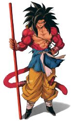 1boy absurdres biceps black_hair bo_staff body_fur dougi dragon_ball dragon_ball_gt highres long_hair male_focus monkey_boy monkey_tail muscular muscular_male no_nipples pants pectorals red_fur relio_db318 ruyi_jingu_bang saiyan sash simple_background single_strap smile son_goku spiked_hair super_saiyan super_saiyan_4 tail veins veiny_hands yellow_pants