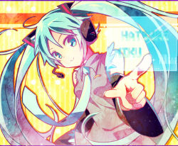 Rule 34 | 1girl, aqua eyes, aqua hair, character name, detached sleeves, hatsune miku, headset, k.ei, necktie, pointing, smile, solo, twintails, vocaloid