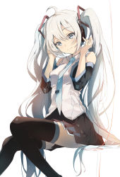 Rule 34 | 1girl, bare shoulders, black thighhighs, blush, closed mouth, detached sleeves, hair between eyes, hatsune miku, highres, long hair, miniskirt, necktie, simple background, skirt, solo, taka (0taka), thighhighs, twintails, vocaloid, white background, zettai ryouiki