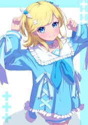Rule 34 | 1girl, blonde hair, blue background, blue choker, blue eyes, blue footwear, blue neckerchief, blue ribbon, choker, collared shirt, commentary request, cowboy shot, frilled shirt, frilled shirt collar, frills, hair ornament, hands up, heart, heart hair ornament, highres, himitsu no aipri, hoshikawa mitsuki, long hair, long sleeves, looking at viewer, moukinui, neckerchief, open mouth, pretty series, ribbon, shirt, shoes, shorts, smile, solo, standing, standing on one leg, tenshi kaiwai, two side up, white shorts