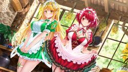 Rule 34 | 2girls, alternate costume, apron, blonde hair, blurry, blurry background, blush, bow, breasts, brown eyes, cleavage, closed mouth, collar, commentary request, day, depth of field, detached collar, dress, dutch angle, enmaided, frilled apron, frilled dress, frills, frying pan, green bow, green dress, hair between eyes, headpiece, highres, indoors, large breasts, long hair, maid, maid headdress, multiple girls, mythra (xenoblade), neck ribbon, nintendo, pleated dress, puffy short sleeves, puffy sleeves, pyra (xenoblade), red dress, red eyes, red hair, red ribbon, ribbon, ribbon-trimmed sleeves, ribbon trim, short sleeves, skirt hold, smile, standing, swordsouls, thigh strap, very long hair, white apron, white collar, window, wing collar, xenoblade chronicles (series), xenoblade chronicles 2