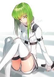 Rule 34 | 1girl, adapted costume, alternate hair length, alternate hairstyle, arm support, c.c., code geass, creayus, green hair, long hair, short shorts, shorts, sitting, solo, straitjacket, thighhighs, white thighhighs, yellow eyes