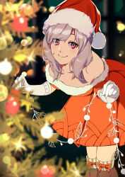 Rule 34 | 1girl, absurdres, bare shoulders, blush, bow, breasts, christmas, christmas tree, closed mouth, commentary request, dress, elbow gloves, gloves, hat, highres, holding, ibaraki shun, looking at viewer, medium breasts, original, pink hair, platinum blonde hair, red bow, red dress, red hat, santa hat, smile, solo, standing, thighhighs, white gloves