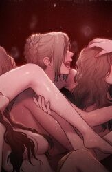 Rule 34 | 4girls, braid, completely nude, curly hair, ffff foursome, group sex, hair covers breasts, highres, multiple girls, nude, orgy, rangnari, yuri
