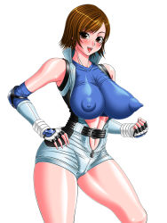 Rule 34 | 1girl, amano kotone (ichigo jet), blush, breasts, brown eyes, brown hair, center opening, covered erect nipples, elbow gloves, elbow pads, fingerless gloves, gloves, hand on own hip, high collar, huge breasts, impossible clothes, impossible shirt, kazama asuka, puffy nipples, sagging breasts, shirt, short hair, skin tight, smile, solo, standing, taut clothes, tekken, unitard, unzipped