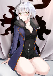 Rule 34 | 1girl, absurdres, ahoge, arms behind back, black dress, blue jacket, blush, breasts, cleavage, closed mouth, collarbone, commentary request, dress, fate/apocrypha, fate/grand order, fate (series), flag background, fur trim, highres, jacket, jeanne d&#039;arc (fate), jeanne d&#039;arc alter (fate), jeanne d&#039;arc alter (ver. shinjuku 1999) (fate), large breasts, long sleeves, official alternate costume, open clothes, open jacket, silver hair, solo, squatting, xiao bing qiaokeli, yellow eyes