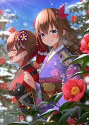 Rule 34 | 2girls, absurdres, blue eyes, blurry, blurry background, breasts, brown hair, closed eyes, day, floral print, flower, flower knot, grin, hair ornament, hand up, highres, hololive, japanese clothes, kimono, leaf, long hair, long sleeves, looking at viewer, medium breasts, multicolored hair, multiple girls, obi, open mouth, outdoors, pink flower, print kimono, purple kimono, red hair, red kimono, roboco-san, roboco-san (new year), sash, shima46, smile, star (symbol), star hair ornament, tokino sora, tokino sora (new year), upper body, virtual youtuber