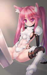 Rule 34 | 1girl, animal ears, arm support, armor, black thighhighs, blush, breasts, cat ears, ecell, elin, gloves, greaves, long hair, navel, pauldrons, pink eyes, pink hair, see-through, shoulder armor, sitting, small breasts, solo, spread legs, sword, tears, tera online, thighhighs, weapon