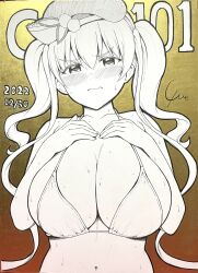 Rule 34 | 1girl, 2022, beret, bikini, breasts, cleavage, comiket 101, dated, greyscale, hat, highres, huge breasts, long hair, looking at viewer, micro bikini, monochrome, navel, princess connect!, signature, solo, sweatdrop, swimsuit, tsumugi (princess connect!), underboob, upper body, wavy hair, wavy mouth, yue (show-ei)