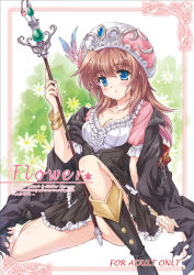 Rule 34 | 1girl, ankoromochi, atelier (series), atelier rorona, blue eyes, blush, boots, bracelet, breasts, brown dress, brown hair, character name, cleavage, coat, copyright name, dress, english text, engrish text, feathers, female focus, frilled sleeves, frills, full body, hat, holding, jewelry, knee boots, long hair, lots of jewelry, parted lips, ranguage, content rating, rororina fryxell, short sleeves, sitting, skirt, solo, wand