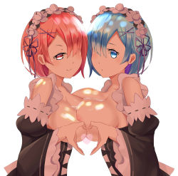 Rule 34 | 10s, 2girls, areola slip, arm garter, blue eyes, blue hair, blush, breast press, breasts, bust cup, closed mouth, dappled sunlight, detached sleeves, dress, from side, hair ornament, hair over one eye, hairband, heart, heart hands, heart hands duo, highres, large breasts, liquid, long sleeves, looking at viewer, maid, multiple girls, noboru (pixiv8503150), one eye covered, ram (re:zero), re:zero kara hajimeru isekai seikatsu, red eyes, red hair, rem (re:zero), ribbon, ribbon trim, short hair, siblings, simple background, sisters, smile, sunlight, symmetrical docking, twins, upper body, white background, wide sleeves, x hair ornament