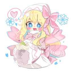 Rule 34 | 1girl, animal, bird, blonde hair, blue eyes, blush, dress, fairy, fairy wings, flower, green bird, hat, heart, highres, holding, holding animal, lily white, long hair, looking at another, pink ribbon, ribbon, touhou, user tppj4775, white background, white dress, white hat, wings