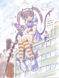 Rule 34 | 1boy, building, car, city, demon, demon tail, giant, giantess, kemo, motor vehicle, pointy ears, roof, rooftop, scythe, shoes, sitting, smile, socks, striped legwear, tail, talking, translation request, twintails, vehicle, winged footwear, wings