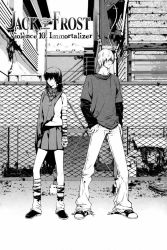 Rule 34 | 1boy, 1girl, ally, arm warmers, black hair, chain-link fence, comic, denim, fence, greyscale, hair over eyes, jack frost (megami tensei), jeans, jewelry, leg warmers, monochrome, pants, pendant, poncho, shoes, short hair, skirt, sneakers, socks