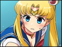 Rule 34 | 1girl, bishoujo senshi sailor moon, bishoujo senshi sailor moon s, blonde hair, blue eyes, blue sailor collar, blush, breasts, chinese commentary, choker, cleavage, commentary request, crescent, crescent earrings, derivative work, earrings, eyelashes, hair over shoulder, jewelry, long hair, looking to the side, medium breasts, meme, miharu (cgsky), parted bangs, parted lips, red choker, sailor collar, sailor moon, sailor moon redraw challenge (meme), sailor senshi uniform, screenshot redraw, shirt, solo, sweatdrop, twintails, upper body, white shirt