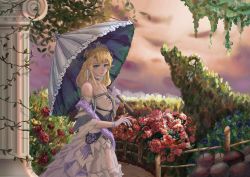 Rule 34 | 1girl, absurdres, alternate hair length, alternate hairstyle, arknights, bare shoulders, blonde hair, blue eyes, breasts, chinese commentary, choker, column, commentary request, cowboy shot, dress, flower, gloves, highres, holding, holding umbrella, horns, long hair, looking at viewer, medium breasts, off-shoulder dress, off shoulder, outdoors, pillar, pointy ears, red flower, red rose, rose, saileach (appreciate fragrance) (arknights), saileach (arknights), smile, solo, standing, umbrella, white dress, white gloves, white umbrella, yitian 28 wanfan