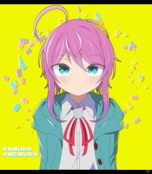 Rule 34 | 1boy, absurdres, ahoge, amemura ramuda, androgynous, blue eyes, blue jacket, character name, collared shirt, highres, hypnosis mic, jacket, looking at viewer, shirt, sidelocks, smile, solo, tetsunro, yellow background