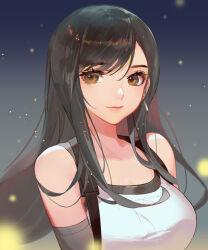 Rule 34 | 1girl, bare shoulders, black gloves, black hair, black sports bra, breasts, brown eyes, closed mouth, earrings, elbow gloves, eyelashes, final fantasy, final fantasy vii, final fantasy vii remake, gloves, jewelry, large breasts, light particles, lips, long hair, looking at viewer, single earring, smile, solo, songjikyo, sports bra, swept bangs, tank top, tifa lockhart, undershirt, upper body, white tank top