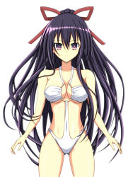 Rule 34 | 10s, 1girl, black hair, breasts, casual one-piece swimsuit, cleavage, date a live, egichan, highres, long hair, one-piece swimsuit, purple eyes, standing, swimsuit, yatogami tooka
