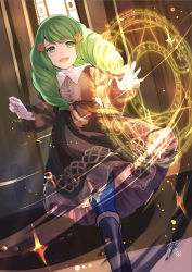 Rule 34 | 1girl, :d, black dress, black footwear, blue pantyhose, boots, bow, casting spell, clenched hand, detached sleeves, dress, fire emblem, fire emblem: three houses, flayn (fire emblem), frills, full body, garreg mach monastery uniform, gold trim, green eyes, green hair, hair ornament, hands up, highres, indoors, knee boots, long hair, long sleeves, looking at viewer, magic circle, nintendo, open mouth, pantyhose, school uniform, signature, smile, solo, standing, tarayuki, turtleneck