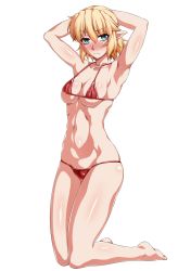 Rule 34 | 1girl, alternate costume, armpits, arms behind head, arms up, bad id, bad twitter id, bare arms, bare legs, bare shoulders, barefoot, bikini, blonde hair, blush, breasts, closed mouth, collarbone, frown, full body, green eyes, groin, highres, kneeling, looking at viewer, medium breasts, mizuhashi parsee, navel, nose blush, ootsuki wataru, pointy ears, red bikini, short hair, sideboob, solo, stomach, swimsuit, thighs, toned, touhou, transparent background, underboob, wavy mouth, white background