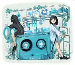 Rule 34 | 2girls, :o, bare legs, black eyes, black footwear, black hair, black sweater, blue sweater, blue theme, border, cassette tape, clock, commentary request, controller, cup, drinking glass, from side, full body, game controller, green background, headphones, highres, holding, holding phone, industrial pipe, jar, leaning back, long hair, long sleeves, multiple girls, open mouth, original, oversized object, phone, plant, plate, plate stack, scissors, shoes, short hair, simple background, sitting, standing, stretching, sweater, tokiwata soul, vines, white border