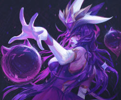 Rule 34 | &gt;3&lt;, 1girl, artist name, ball, bare shoulders, breasts, closed mouth, colored inner hair, dress, dutch angle, elbow gloves, facial mark, gem, gloves, hair between eyes, hair ornament, highres, league of legends, long hair, magic, multicolored hair, pink hair, purple hair, star guardian (league of legends), star guardian syndra, syndra, wrist cuffs, zoe (crownsforkings)