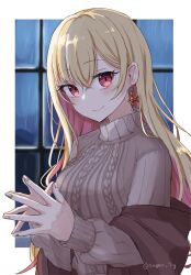 1girl audrey_mina blonde_hair breasts closed_mouth highres long_hair looking_at_viewer medium_breasts smile sugar_7g sweater upper_body vee_(vtuber) virtual_youtuber